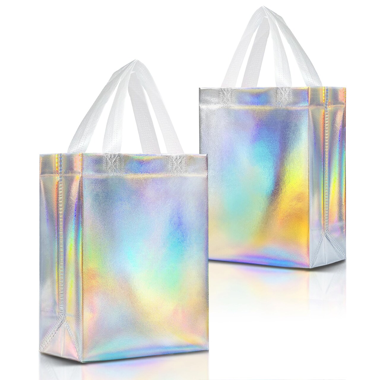 Iridescent Gift Bags Medium Size – Set of 12 Holographic Silver Reusable Gift Bags With Handles - Ideal Goodie Bag for Birthday, Bachelorette Party Favors, Baby Shower, Return Gifts – 8x4x10